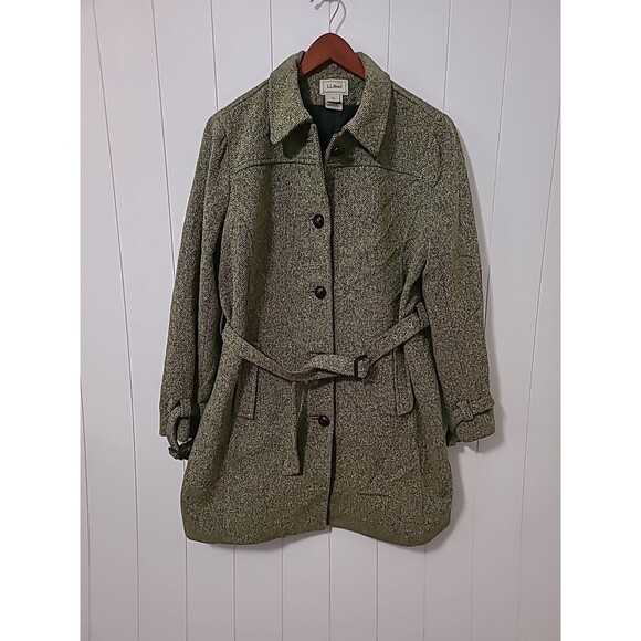 LL Bean Peacoat Womens Large Green Wool Silk Belt Vintage Fall Winter Classic - Picture 1 of 10